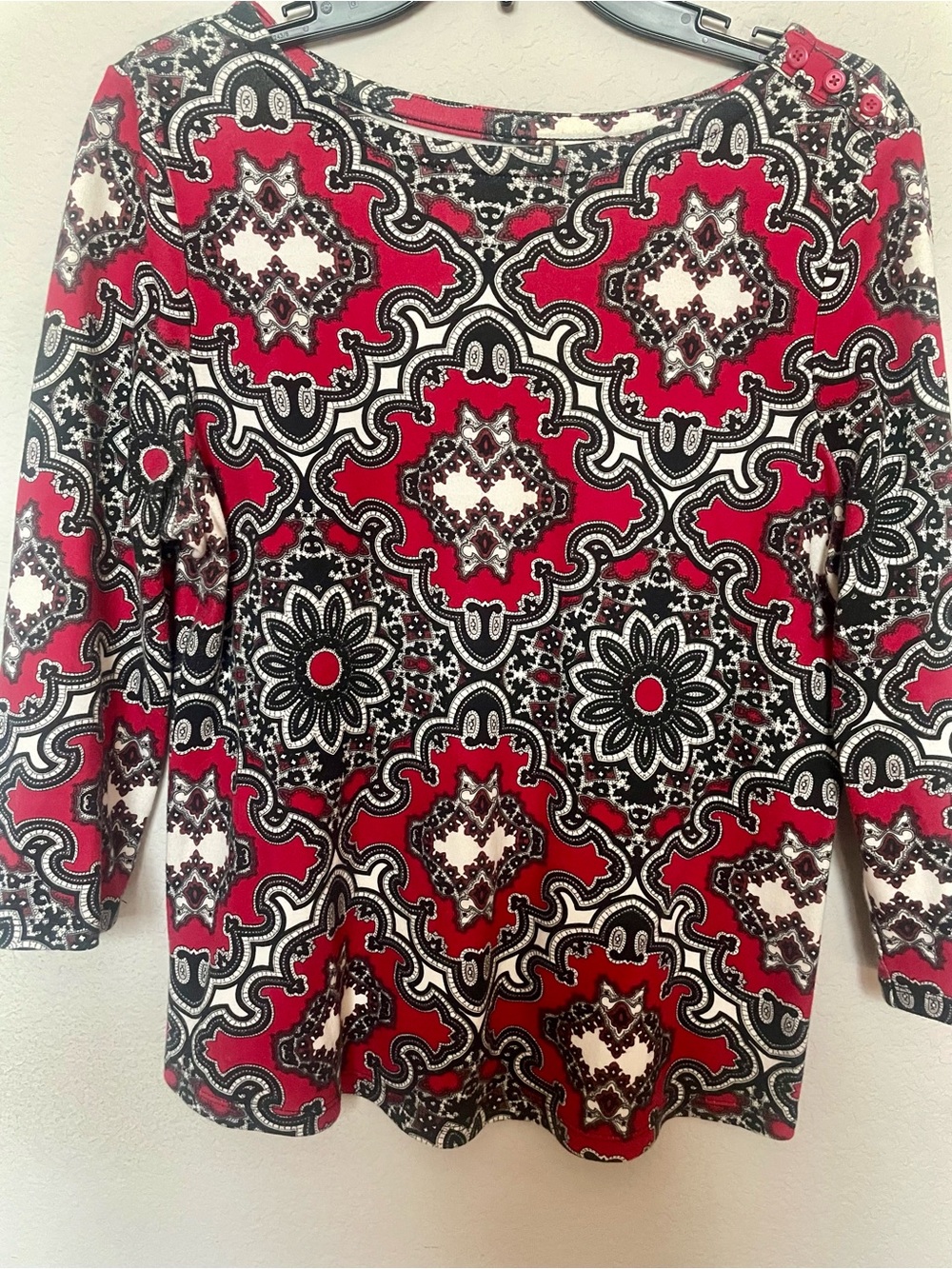 Charter Club Red, Black & White Patterned Boatneck Long Sleeve Top
